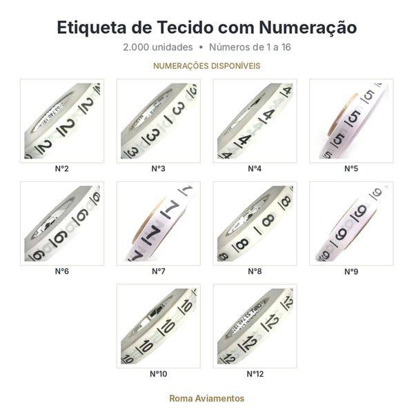 Etiqueta tecido - Numeração 1 ao 16 - 2.000 unidades - cores e opções disponíveis