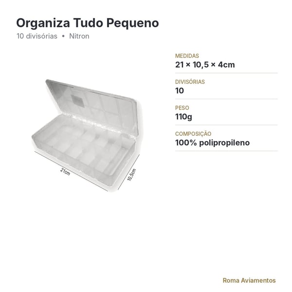 Caixa Organizadora Organiza Tudo Pequena 10 Divisórias Nitron - ficha técnica