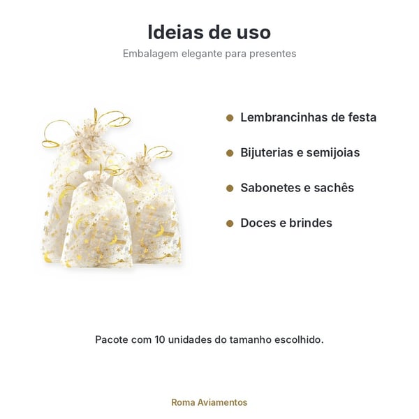 Saco de Organza Estrelas Branco/Dourado 10 unidades - ideias de uso para lembrancinhas