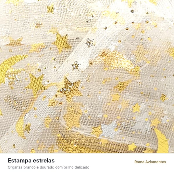 Saco de Organza Estrelas Branco/Dourado 10 unidades - detalhe da estampa