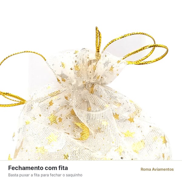Saco de Organza Estrelas Branco/Dourado 10 unidades - fechamento com fita