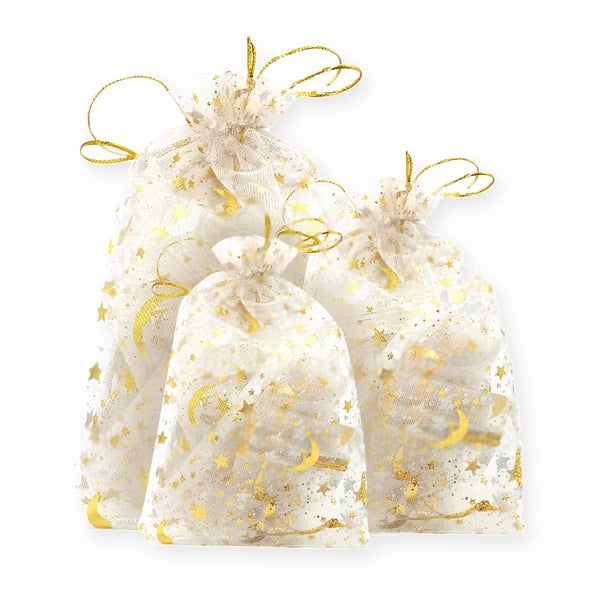 Saco de Organza Estampa Estrelas Branco/Dourado - Pacote com 10 Unidades - RO.150943