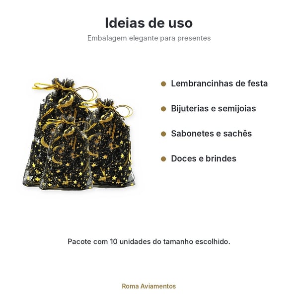Saco de Organza Estrelas Preto/Dourado 10 unidades - ideias de uso para lembrancinhas