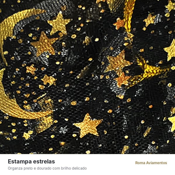 Saco de Organza Estrelas Preto/Dourado 10 unidades - detalhe da estampa