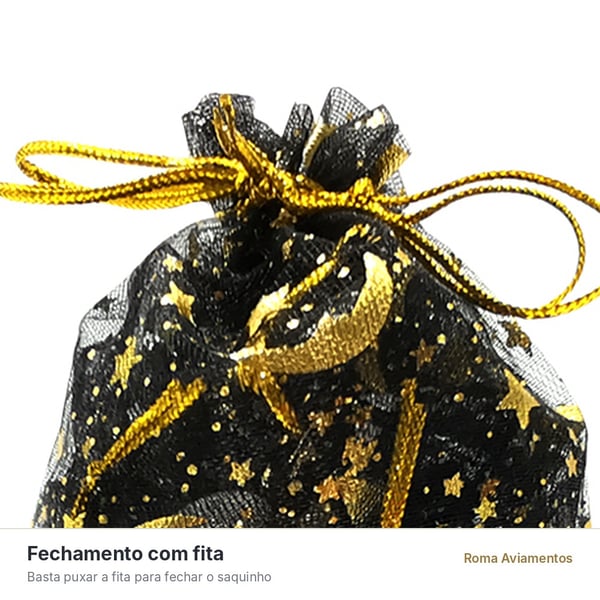 Saco de Organza Estrelas Preto/Dourado 10 unidades - fechamento com fita