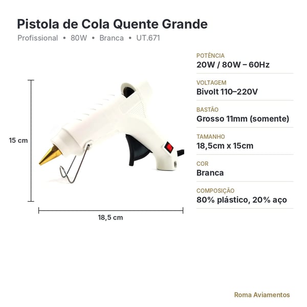 Ficha técnica da pistola de cola quente grande 80W bivolt para bastão 11mm