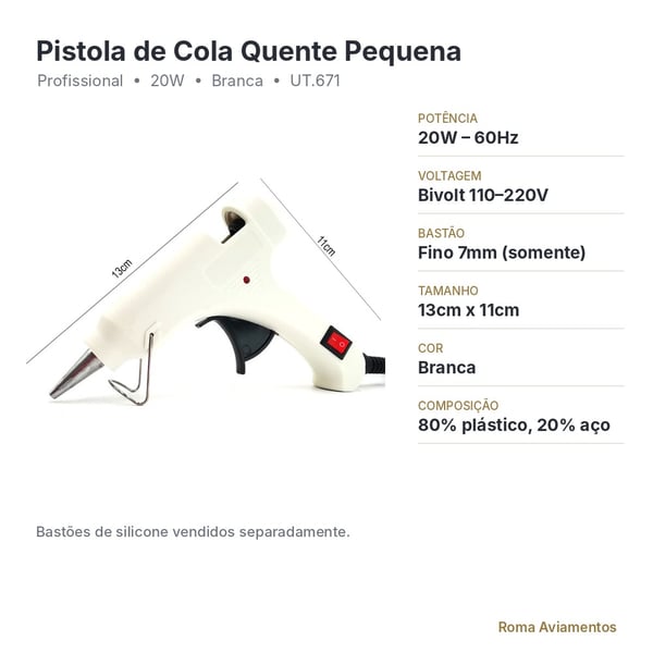 Ficha técnica da pistola de cola quente pequena 20W bivolt para bastão fino 7mm