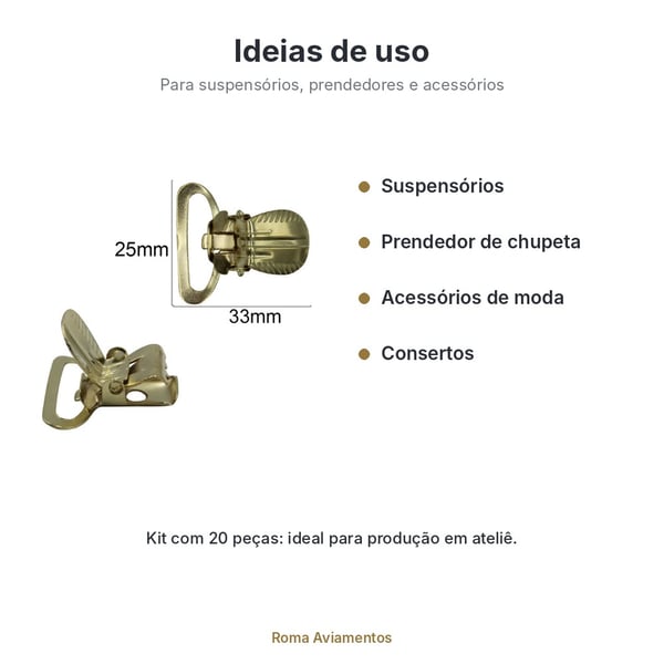Presilha Jacaré de Metal Dourado 25x33mm para Suspensório e Prendedor de Chupeta - ideias de uso