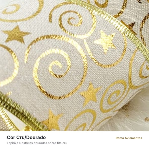 Fita aramada Natal Princess cor cru e dourado com espirais e estrelas em detalhe