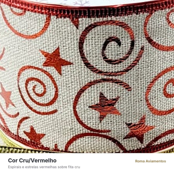 Fita aramada Natal Princess cor cru e vermelho com espirais e estrelas em detalhe