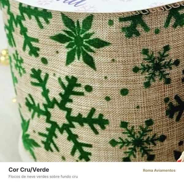 Fita Natal Princess flocos de neve cor cru e verde em detalhe