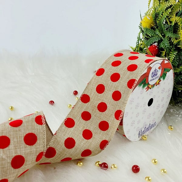 Fita Natal Princess bolinhas vermelho e cru 63mm em decoração de Natal