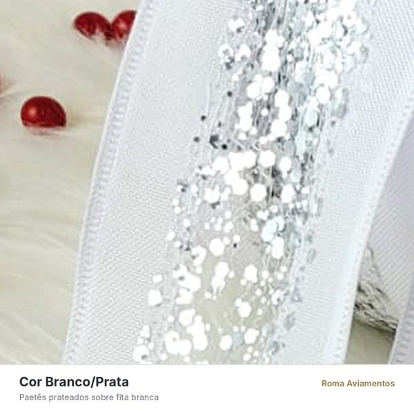 Fita aramada paetê Princess cor branco e prata em detalhe