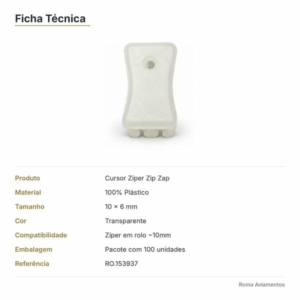 Cursor Zíper Zip Zap Plástico Transparente RO.153937 - ficha técnica