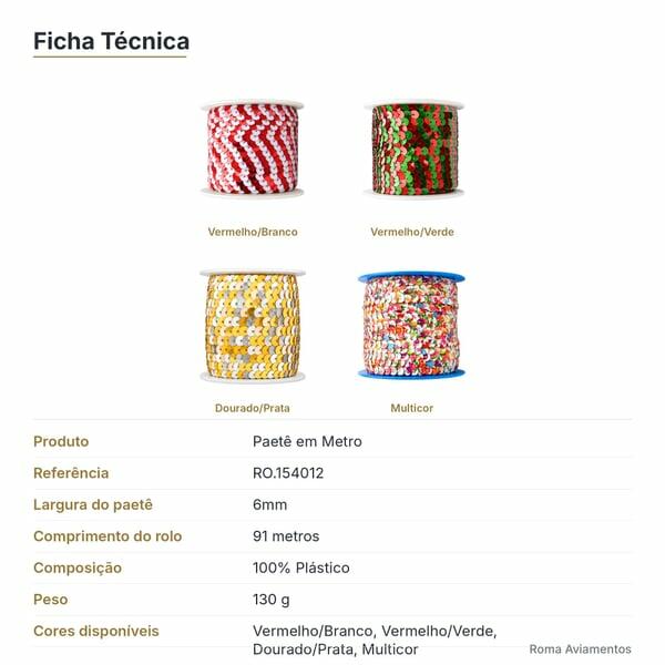 Ficha técnica - Paetê em Metro 6mm x 91m RO.154012