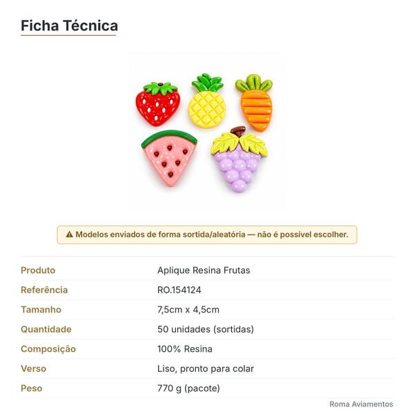 Ficha técnica - Aplique Resina Frutas 7,5cm x 4,5cm 50 unidades Sortido RO.154124