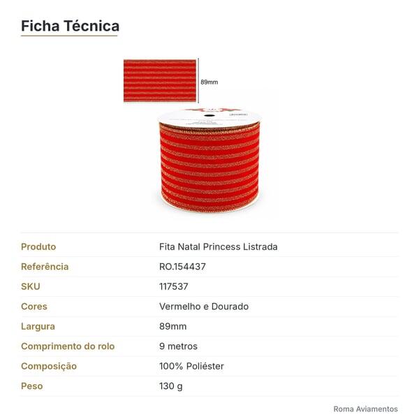 Fita Natal Princess Listrada 89mm x 9m Vermelho e Dourado RO.154437 - ficha técnica