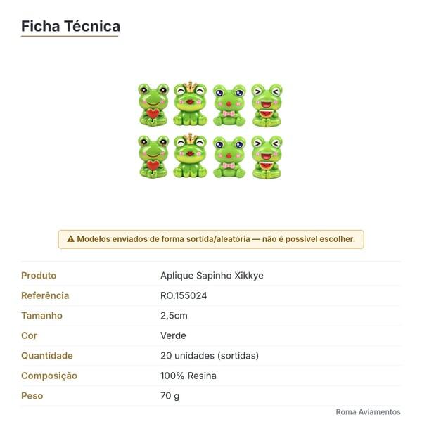 Ficha técnica - Aplique Sapinho Xikkye 2,5cm 20 unidades Verde Sortido RO.155024