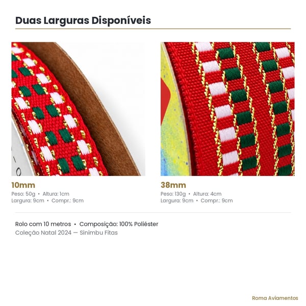 Fita Natal Sinimbu 10mm e 38mm comparativo de larguras Vermelho Verde Branco Dourado