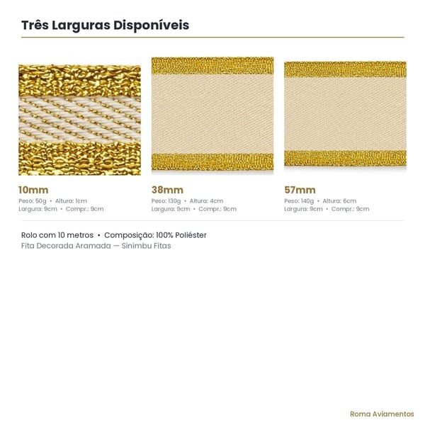 Fita Decorada Aramada Dourado Creme 1918 larguras 10mm 38mm 57mm