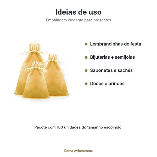 Saco de Organza Dourado 100 unidades - ideias de uso para lembrancinhas