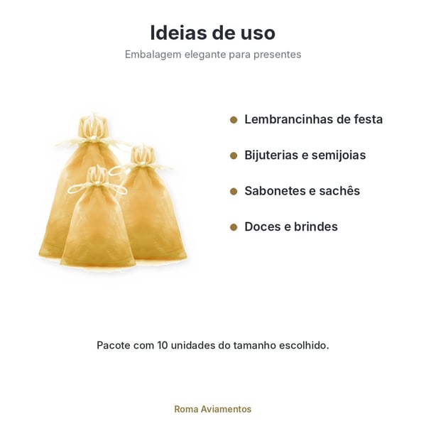 Saco de Organza Dourado 10 unidades - ideias de uso para lembrancinhas