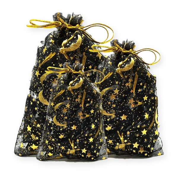 Saco de Organza Estampa Estrelas Preto/Dourado - Pacote com 10 Unidades - RO.150945