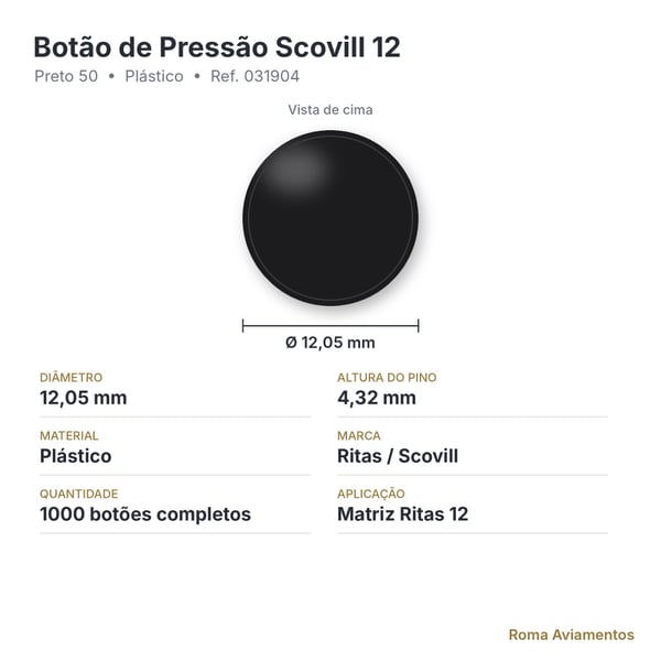 Ficha técnica botão de pressão Scovill 12 preto 12,05mm