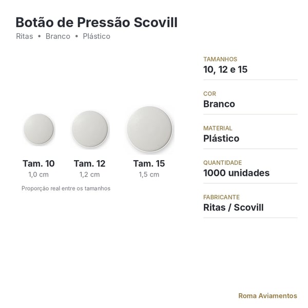 Ficha técnica botão de pressão Scovill branco tamanhos 10, 12 e 15