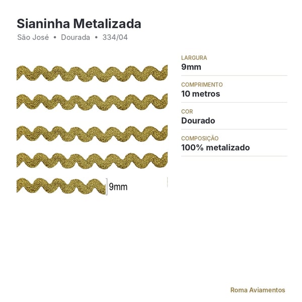 Sianinha Metalizada Dourada São José 9mm x 10m - ficha técnica