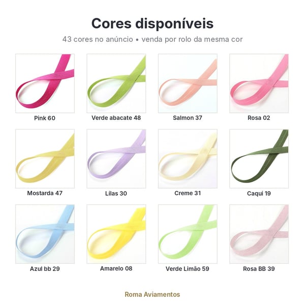 Cores disponíveis: Viés de algodão Destaque 12mm/24mm rolo 50 metros