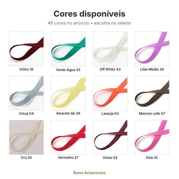 Cores disponíveis: Viés de algodão Destaque 35mm rolo 20 metros