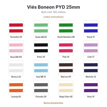 Viés Boneon PYD - 25mm x 100m - cores e opções disponíveis