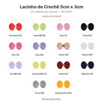 Lacinho de Crochê 5cm x 3cm 25 Unidades Aplique para Laços, Tiaras e Artesanato RO.112157 - cores e opções disponíveis