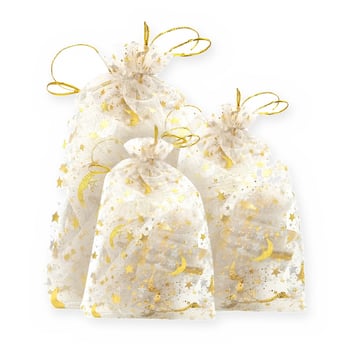 Saco de Organza Estampa Estrelas Branco/Dourado - Pacote com 10 Unidades - RO.150943