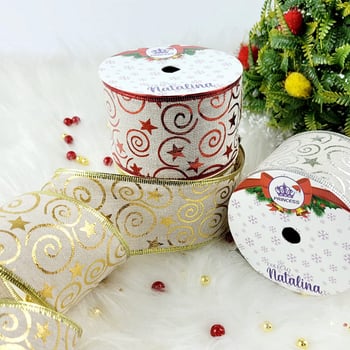 Fita aramada Natal Princess 63mm metalizada nas cores cru dourado, cru prata e cru vermelho em decoração de Natal