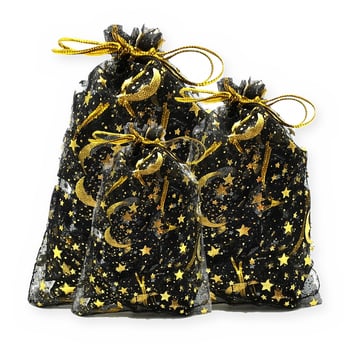 Saco de Organza Estampa Estrelas Preto/Dourado - Pacote com 100 Unidades - RO.150945